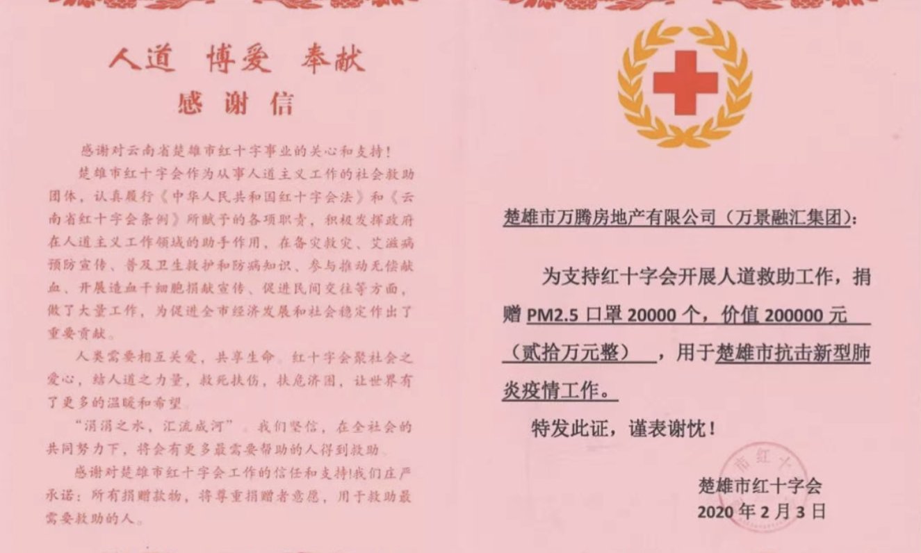 万景集团大爱延续，再捐20万元医疗物资助力云南楚雄抗击疫情